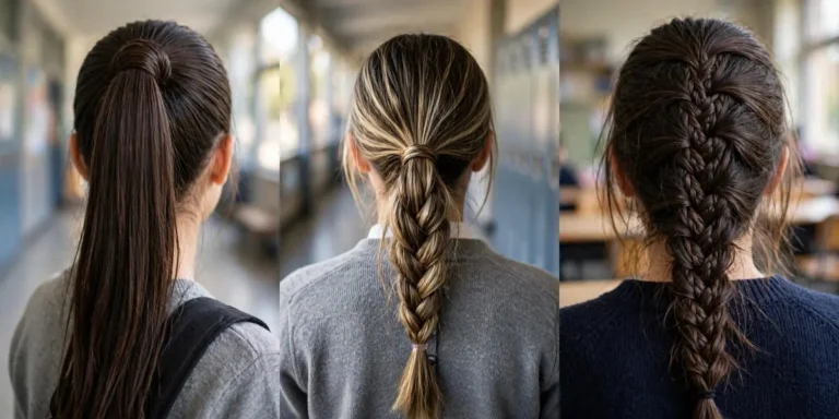 Three hairstyles for school shown from behind in a collage: a sleek classic high ponytail, a braided ponytail combo and a fishtail braid down the back