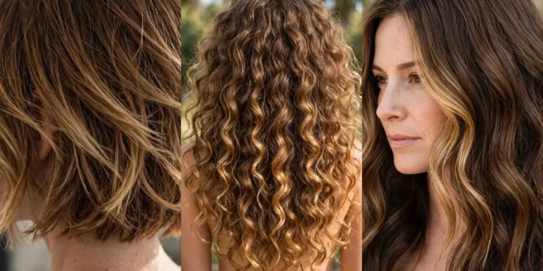 Honey brown balayage ideas for every face shape: a round face brightened by honey face-framing pieces, rich honey and caramel tones glowing on a deeper skin tone, and bold honey painted through thick curls