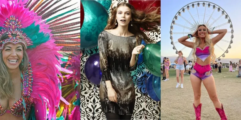 Three hot carnival outfits: a smiling woman in a pink and green feather carnival headdress with a jeweled costume, a woman in a black and gold sequin fringe dress holding balloons, and a woman in a pink and purple strapless top with pink shorts and cowboy boots in front of a ferris wheel