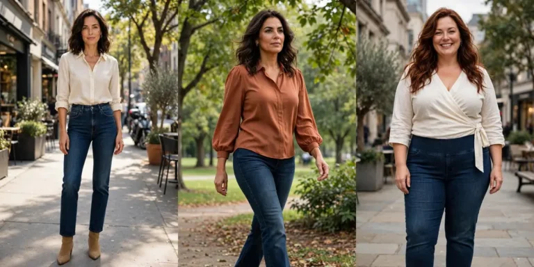 Best jeans for every body type shown on three women: an hourglass figure in dark high-rise straight-leg jeans and a cream blouse, a pear shape in dark bootcut jeans with a rust blouse, and a plus-size figure in dark straight-leg jeans with an ivory wrap top
