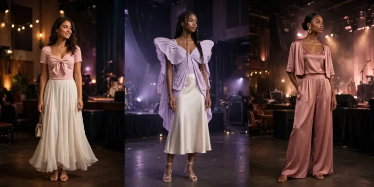 Jhene Aiko concert outfits in a dreamy style: a bow top with a maxi skirt, a butterfly top with a satin midi skirt, and an all-satin outfit