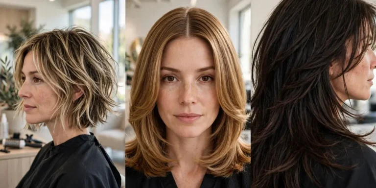 Kitty cut hairstyle ideas in a three-panel collage: a short highlighted blonde kitty cut bob on the left, a golden brown kitty cut with a middle part and symmetrical face-framing layers in the centre, and a long espresso brown layered kitty cut on the right