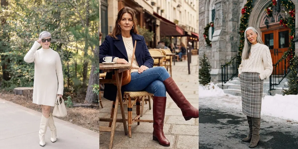 Three women over 50 wearing knee-high boots — with a cream sweater dress, dark jeans and a burgundy boot, and a plaid skirt