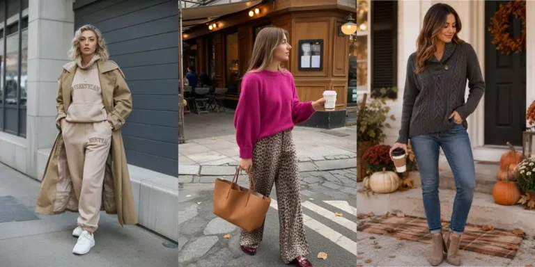 Three lazy fall outfit ideas — a beige sweat set under a long trench coat, a magenta sweater with leopard print pants, and a charcoal cable-knit sweater with jeans and ankle boots