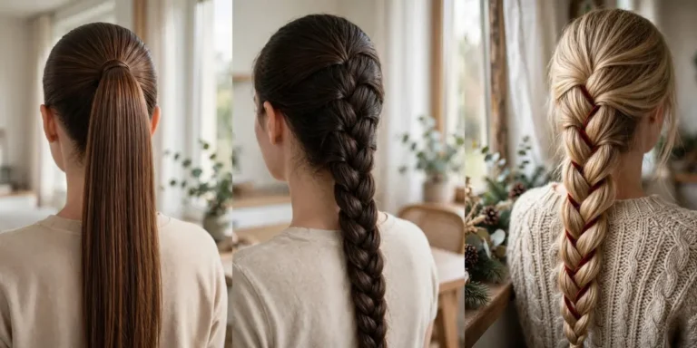 Hairstyles for long hair in a three-panel collage: a sleek high ponytail in chestnut hair, a classic French braid in dark brown hair, and a blonde braid with a red ribbon woven through it