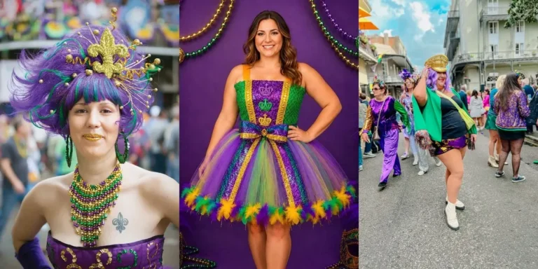 Three women in Mardi Gras outfits — purple green and gold sparkle, beads and feathers