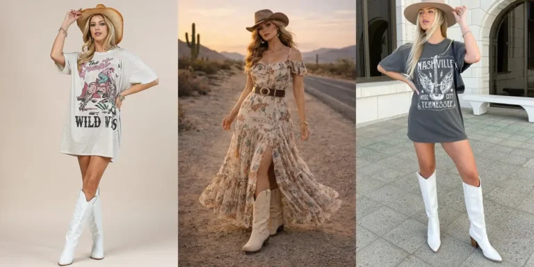 Three Morgan Wallen concert outfit ideas — a white graphic t-shirt dress with tall white cowboy boots, a floral maxi dress with cream cowboy boots at sunset, and a charcoal Nashville graphic tee dress with white cowboy boots