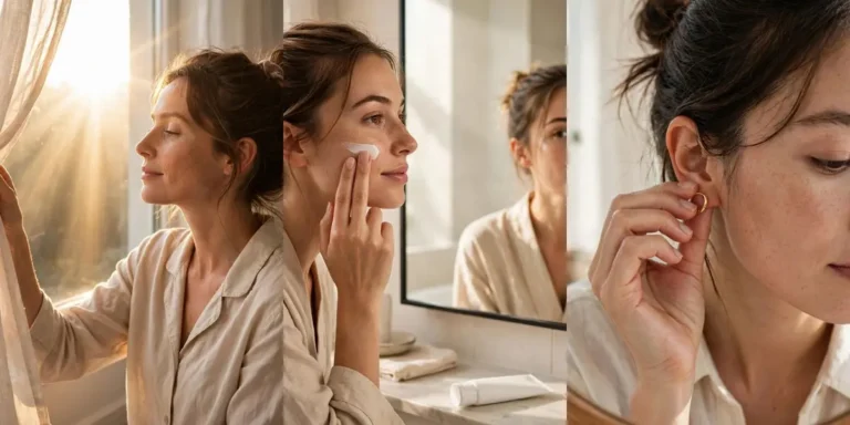 Three morning glow up moments side by side: a woman opening curtains to bright sunlight, a woman smoothing on sunscreen at a mirror, and a woman adding a gold hoop earring — easy morning habits for a real glow up in three simple steps