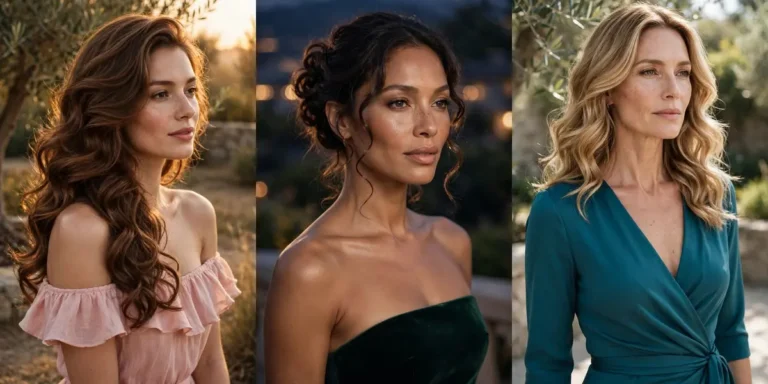 Hairstyles that perfectly match your neckline in three pairings: soft waves with an off-the-shoulder dress, a soft updo with a strapless gown, and soft waves with a V-neck dress