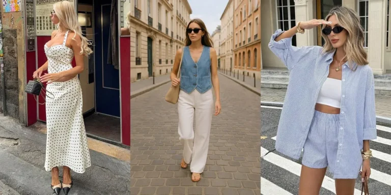 Three NYC summer outfit ideas — a white polka dot midi dress on a city street, a denim vest with white wide-leg trousers, and a blue striped shirt with matching shorts at a crosswalk