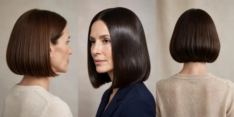 Old money bob ideas in a three-panel collage: a classic chin-length bob in chestnut brown, a glossy straight dark-chocolate bob, and a rich natural brunette bob seen from the back