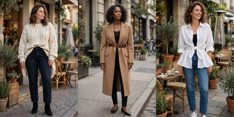 Three ways to wear oversized clothes without losing your shape: a half-tucked chunky knit sweater, a belted long camel blazer and a white button-down knotted at the waist