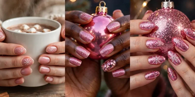 Pink christmas nail ideas in a three-panel collage: soft pink nails with delicate white snowflakes holding a mug of cocoa, rose pink glitter nails holding a pink bauble, and pink glitter nails with white snowflakes holding a glitter ornament