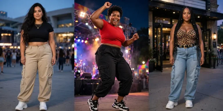 Plus size Bad Bunny concert outfits in a three-panel collage: a black crop top with baggy beige cargo pants, a red crop top with black cargos under stage lights, and a leopard print bodysuit with light-wash cargo jeans