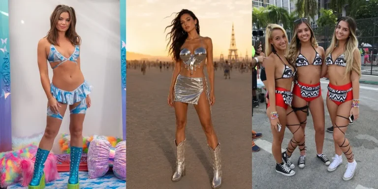 Three rave outfit ideas: a blue tie-dye bikini top with a ruffled mini skirt, a silver metallic bustier top with a silver mini skirt and cowboy boots, and three friends in matching black-and-white graphic bikini tops with red bottoms