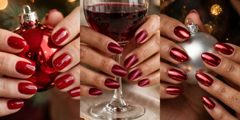 Red christmas nail ideas in three finishes: classic glossy cherry red nails holding a red bauble, deep cranberry velvet nails holding a glass of red wine, and mirror red chrome nails holding a silver bauble
