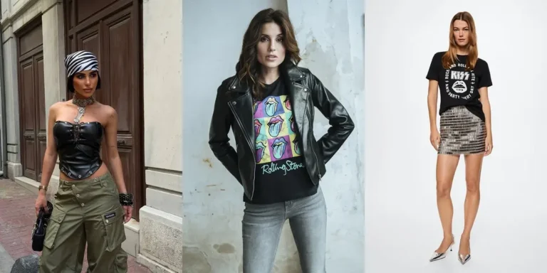 Three rock concert outfit ideas — a black leather corset with olive cargo pants, a Rolling Stones graphic tee under a leather biker jacket with jeans, and a black KISS band tee with a silver sequin mini skirt