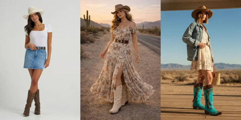 Three rodeo outfit ideas — a white top with a denim mini skirt and cowboy boots, a flowy floral dress with white boots, and an oversized denim jacket over a floral dress with turquoise boots