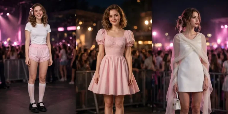 Sabrina Carpenter concert looks in a three-panel collage: a baby tee with pink lace bloomer shorts and Mary Janes, a pink babydoll dress with lace ankle socks, and a white mini dress with a sheer wrap