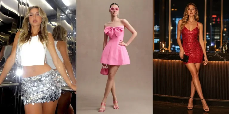Collage of three Sabrina Carpenter concert outfit ideas: a white tank top with a silver sequin mini skirt, a pink bow-front mini dress, and a red sequin mini dress at a bar