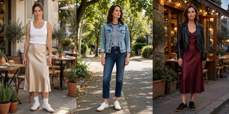 Samba sneaker outfits in a three-panel collage: a satin midi skirt with crew socks, a double-denim look, and a satin slip dress with a leather jacket, all worn with low-profile gum-sole sneakers