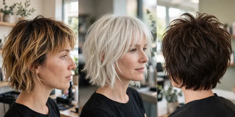 Shaggy bob hairstyles for fine hair in three looks: a choppy bob with dark roots and caramel lengths, an icy platinum shag with a soft fringe, and a dark brown shag with a lifted, voluminous crown seen from the back