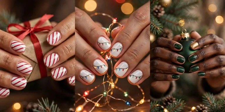 Short christmas nail ideas in three festive designs side by side: candy cane red-and-white striped short nails, white nails with colorful Christmas lights nail art, and deep green nails with gold details and a gold accent nail