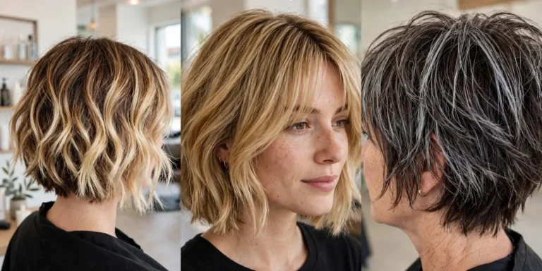 Three-panel collage of short shaggy bob hairstyles: a balayage bob melting from brown to blonde, a honey blonde bob with curtain bangs, and a dark bob with silver highlights