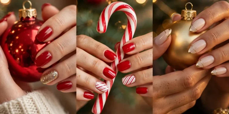 Simple Christmas nail ideas in a three-panel collage: glossy cherry-red nails with a gold glitter accent nail holding a red bauble, glossy red nails with white candy cane striped accent nails holding a candy cane, and milky nude nails with metallic gold French tips holding a gold ornament
