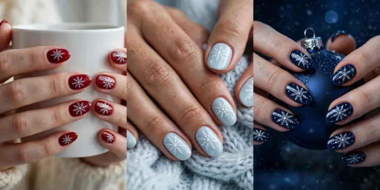 Snowflake nail ideas in a three-panel collage: white snowflakes on glossy deep red nails on the left, white snowflakes on pale icy blue nails in the centre, and white snowflakes with silver dots on deep navy nails on the right