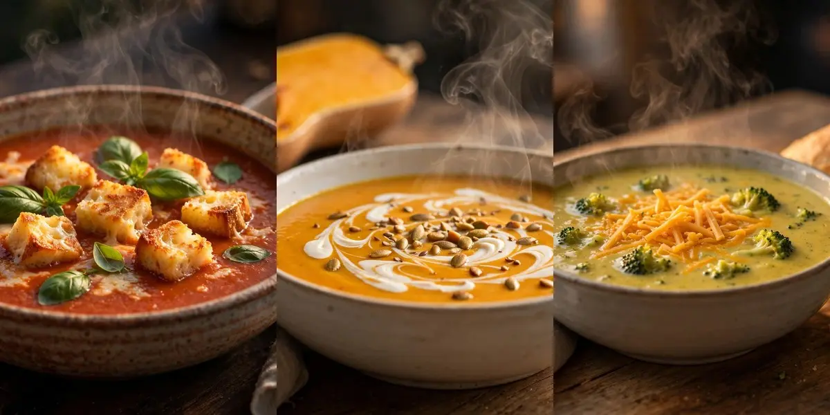 Three cozy soup recipes side by side: creamy tomato basil soup with grilled cheese croutons, silky butternut squash soup with a coconut cream swirl, and creamy broccoli cheddar soup with crusty bread