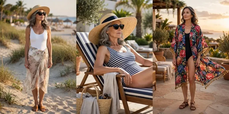 Three stylish beach looks side by side: a white one-piece with a sheer floral sarong, a striped one-piece with a wide-brim hat, and a floral kimono over a black swimsuit