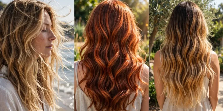 Summer hair trends in a three-panel collage: long honey-blonde beachy waves on the left, long copper and cinnamon waves glowing in sunlight in the centre, and long sun-kissed balayage melting from dark roots to golden ends on the right