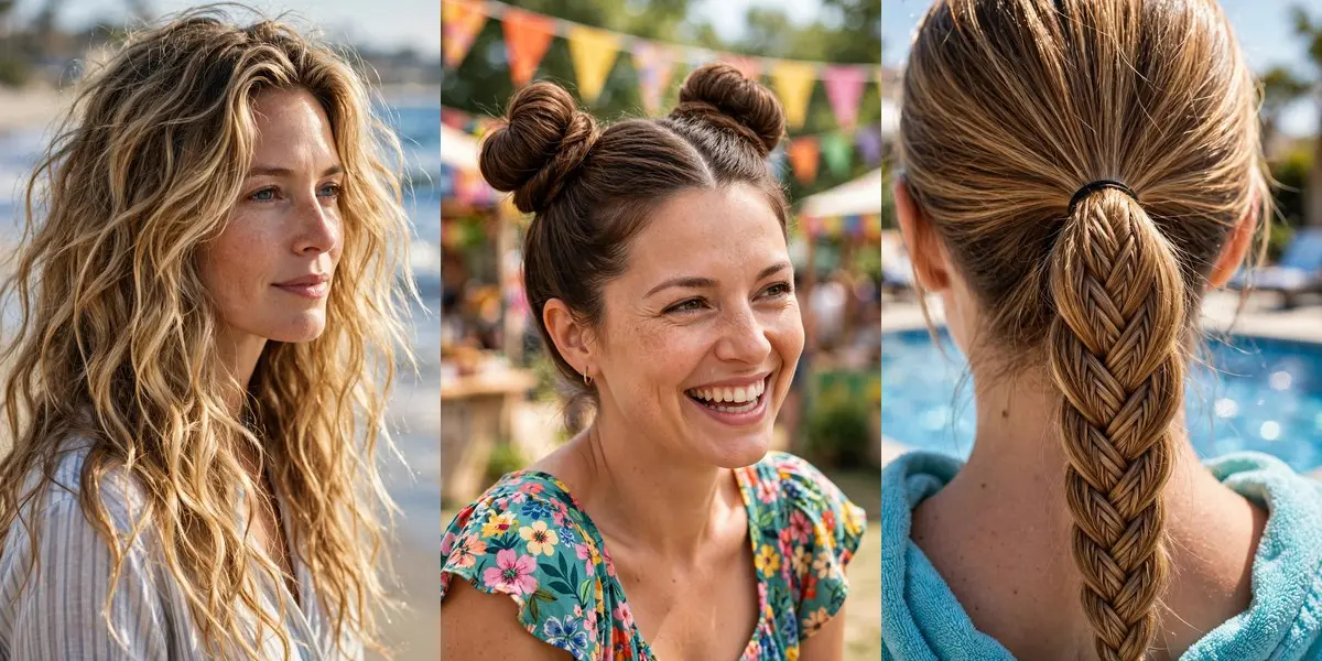 A collage of three summer hairstyles: long tousled beachy waves with honey-blonde balayage, playful full space buns with all hair secured up, and a fishtail braid ponytail with a fine herringbone weave
