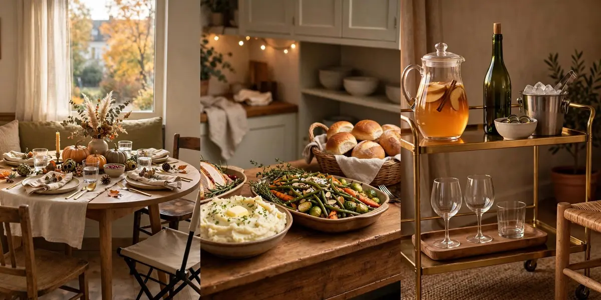 Host Thanksgiving in a small space — a small round table with banquette seating, a sideboard buffet line and a bar-cart drink station in a cozy apartment