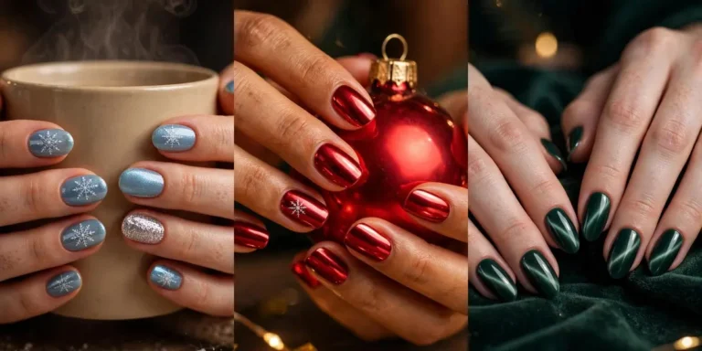 Unique christmas nail ideas in a three-panel collage: icy blue nails with white snowflakes holding a mug, mirror red chrome nails holding a red bauble, and deep emerald green velvet nails