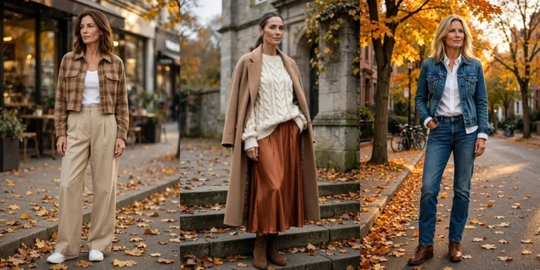 Three chic fall outfits in one collage: a cropped plaid shacket with wide leg pants, an oversized cream sweater with a rust skirt and long camel coat, and a denim on denim look with a white shirt