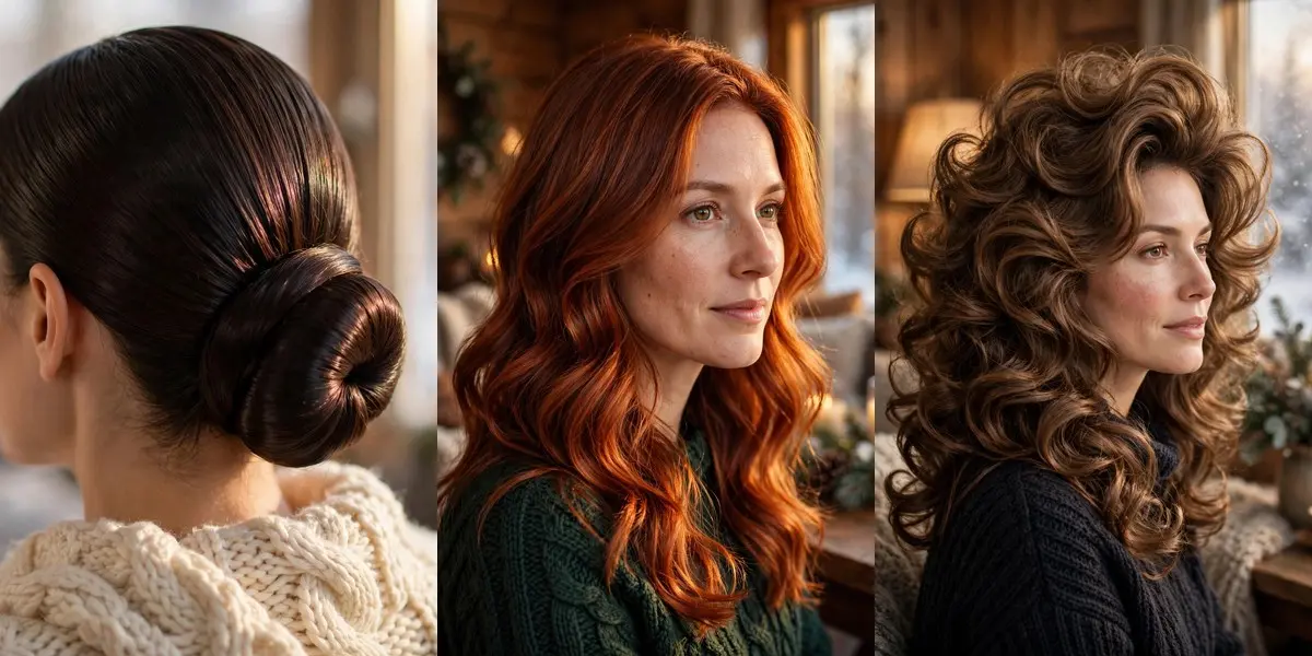 Winter hairstyles collage: a sleek low bun in glossy dark brown hair, long copper and auburn waves, and a voluminous brunette blowout
