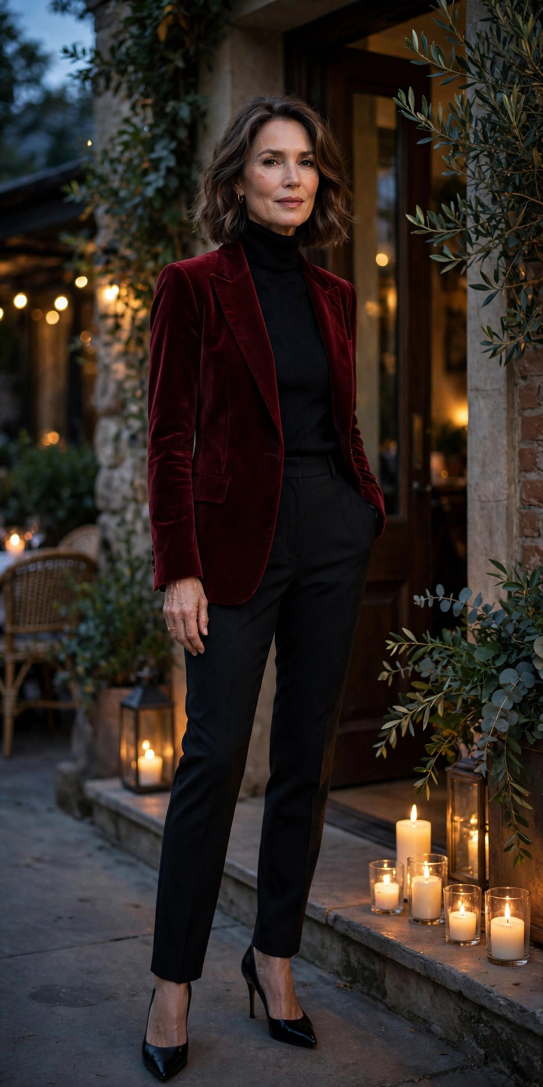 Woman over 50 in a burgundy velvet blazer and black turtleneck at a candlelit restaurant