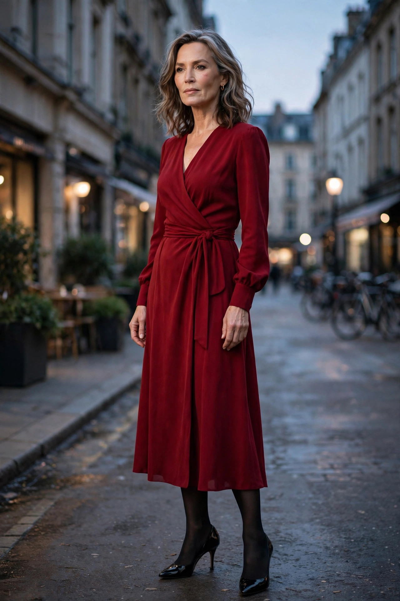 Woman over 50 in a deep red wrap dress with black tights on a city street at dusk