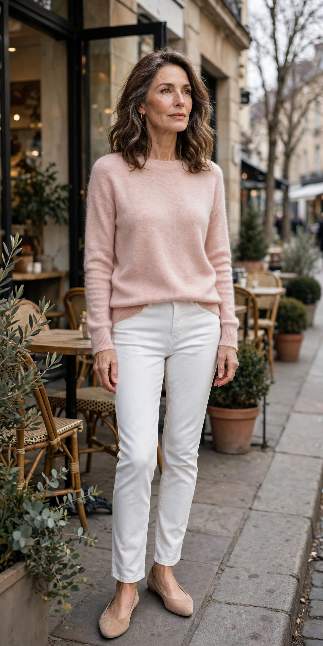 Woman over 50 in a blush pink cashmere sweater and white jeans on a bright street