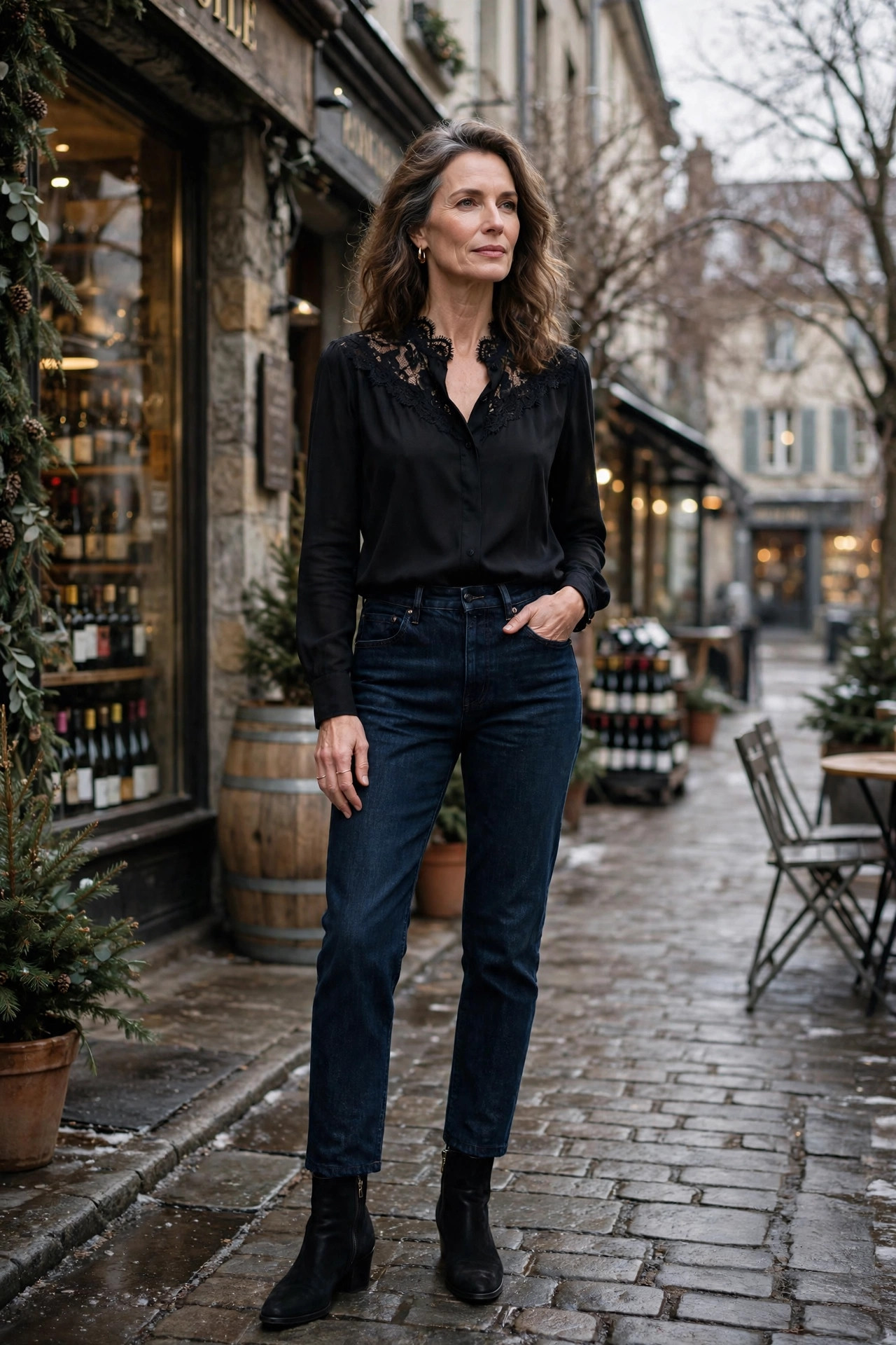 Woman over 50 in a black lace-trim blouse and dark denim on a wine bar street