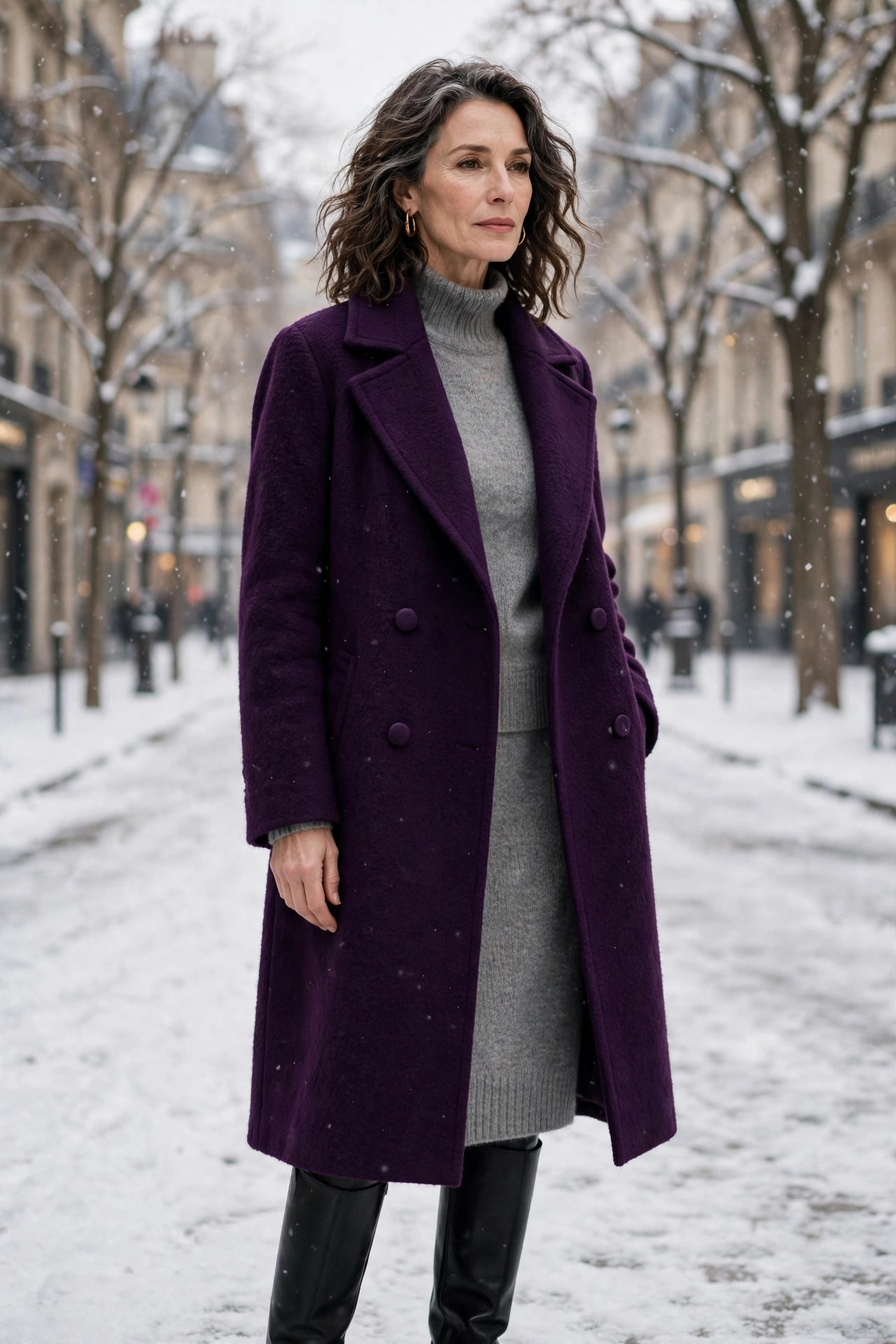 Woman over 50 in a deep purple wool coat over a gray knit dress on a snowy boulevard