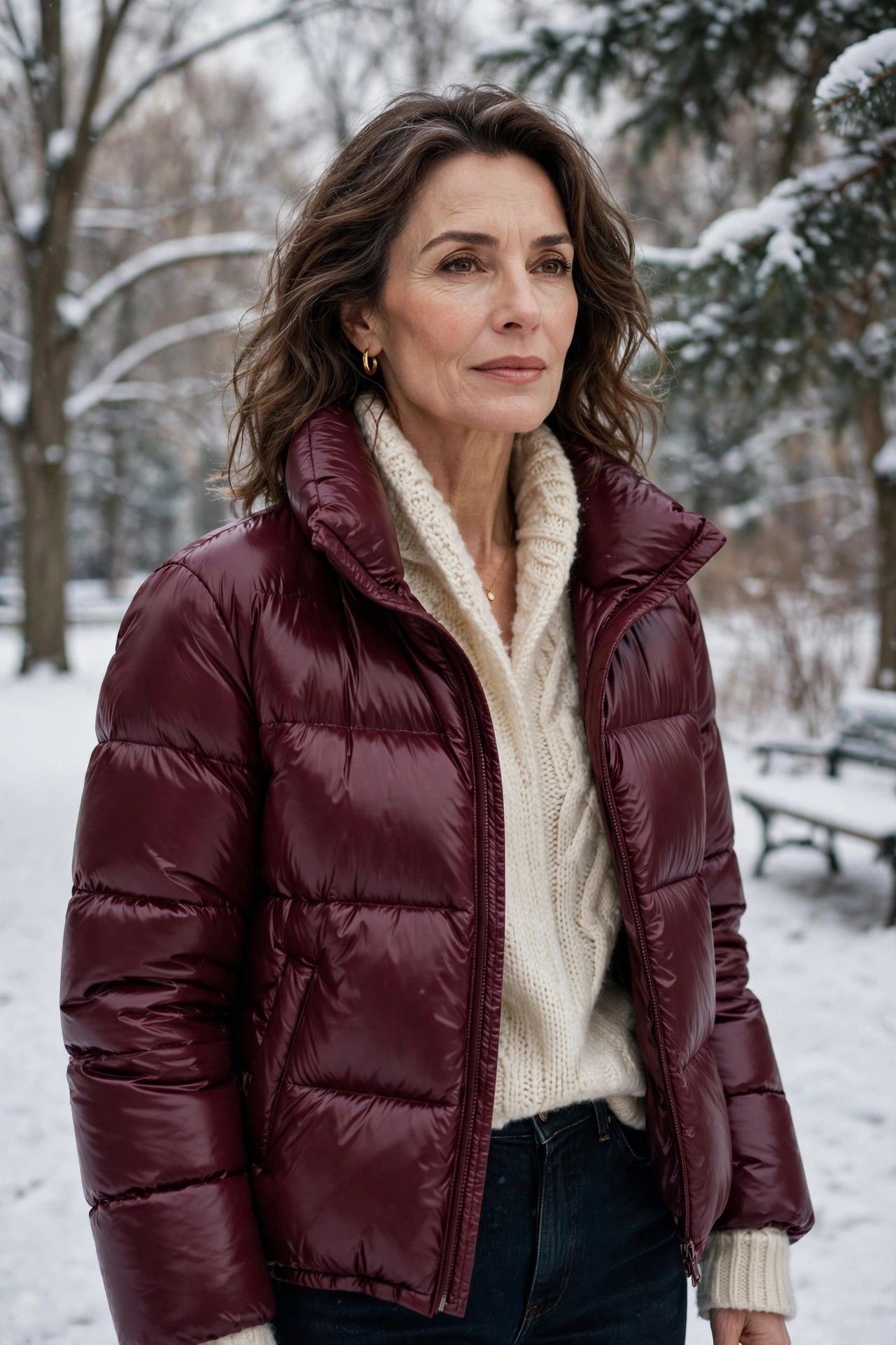 Woman over 50 in a wine-burgundy puffer jacket over cream layers in a winter park