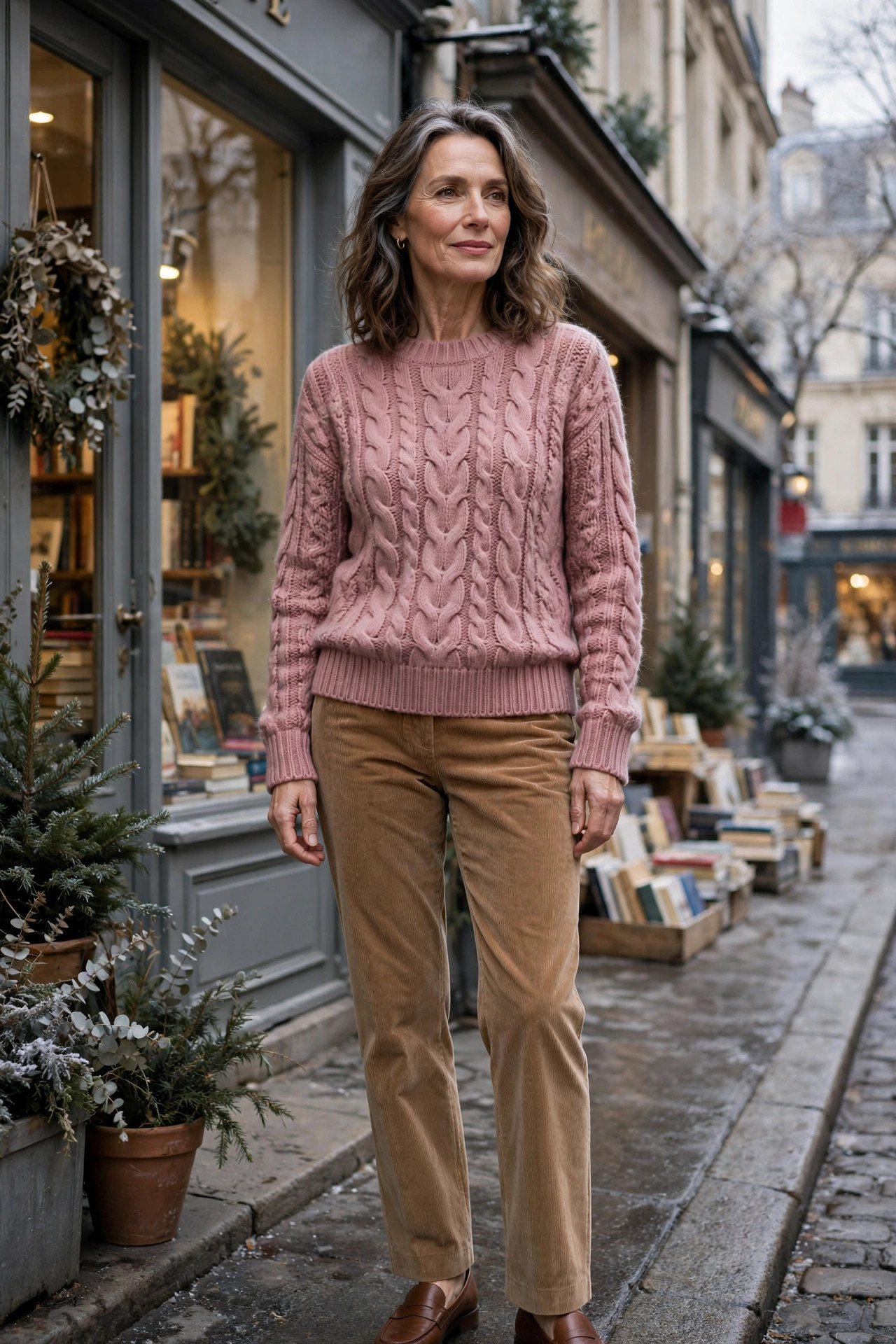 Woman over 50 in a dusty rose cable-knit sweater and camel corduroy pants