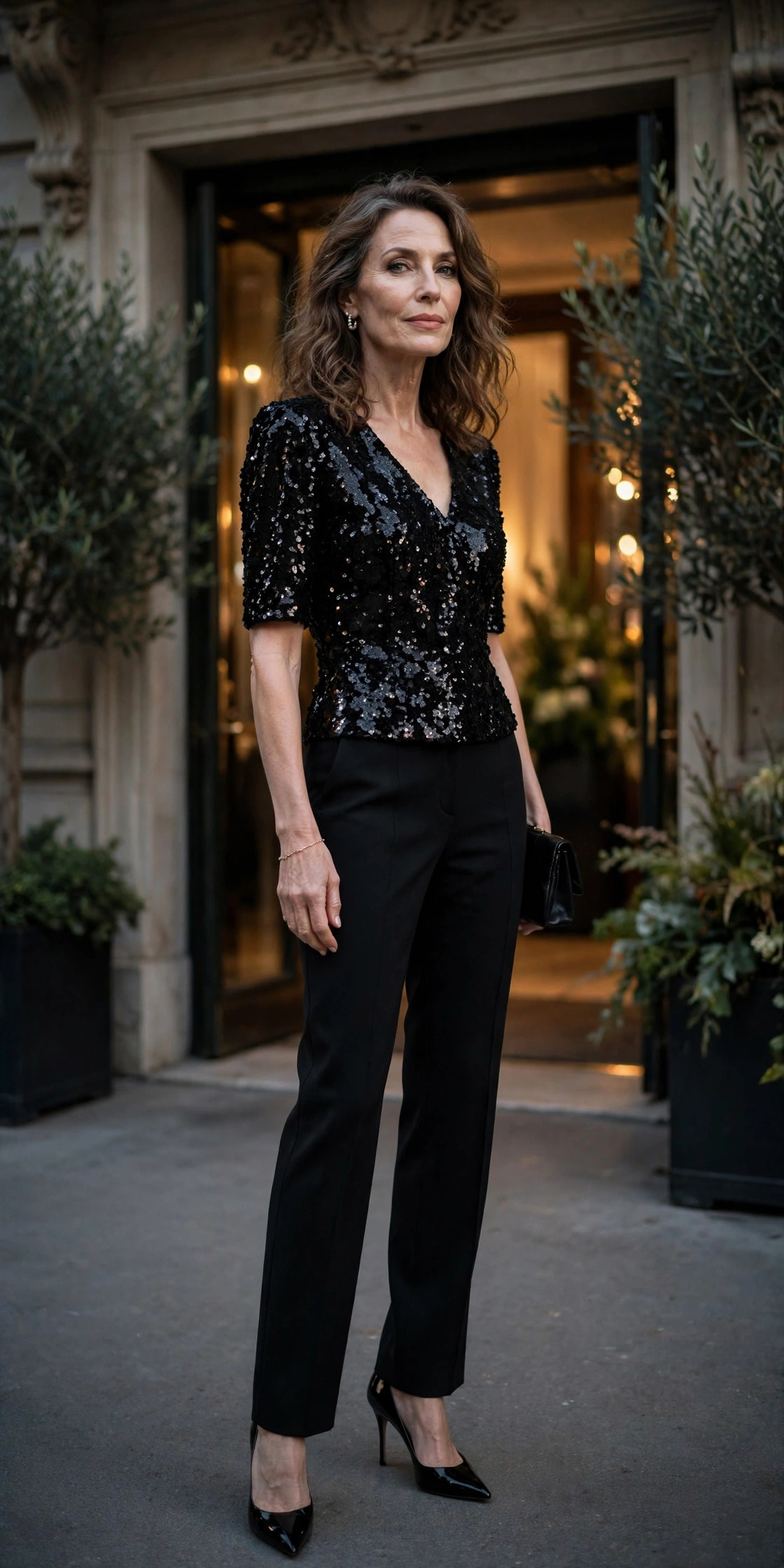 Woman over 50 in a black sequin top and tailored trousers at a gala entrance