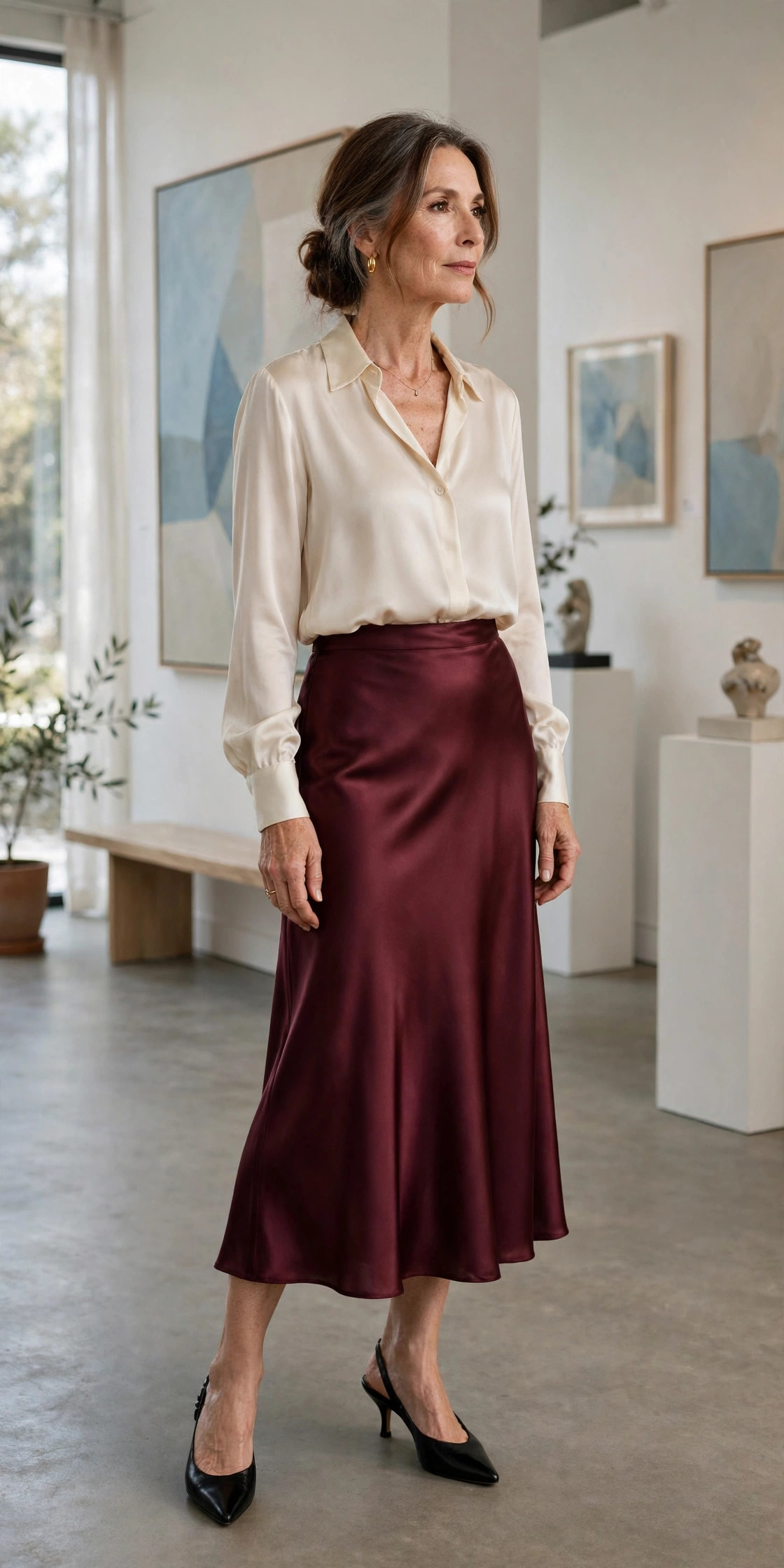 Woman over 50 in a burgundy satin midi skirt and cream silk blouse at an art gallery