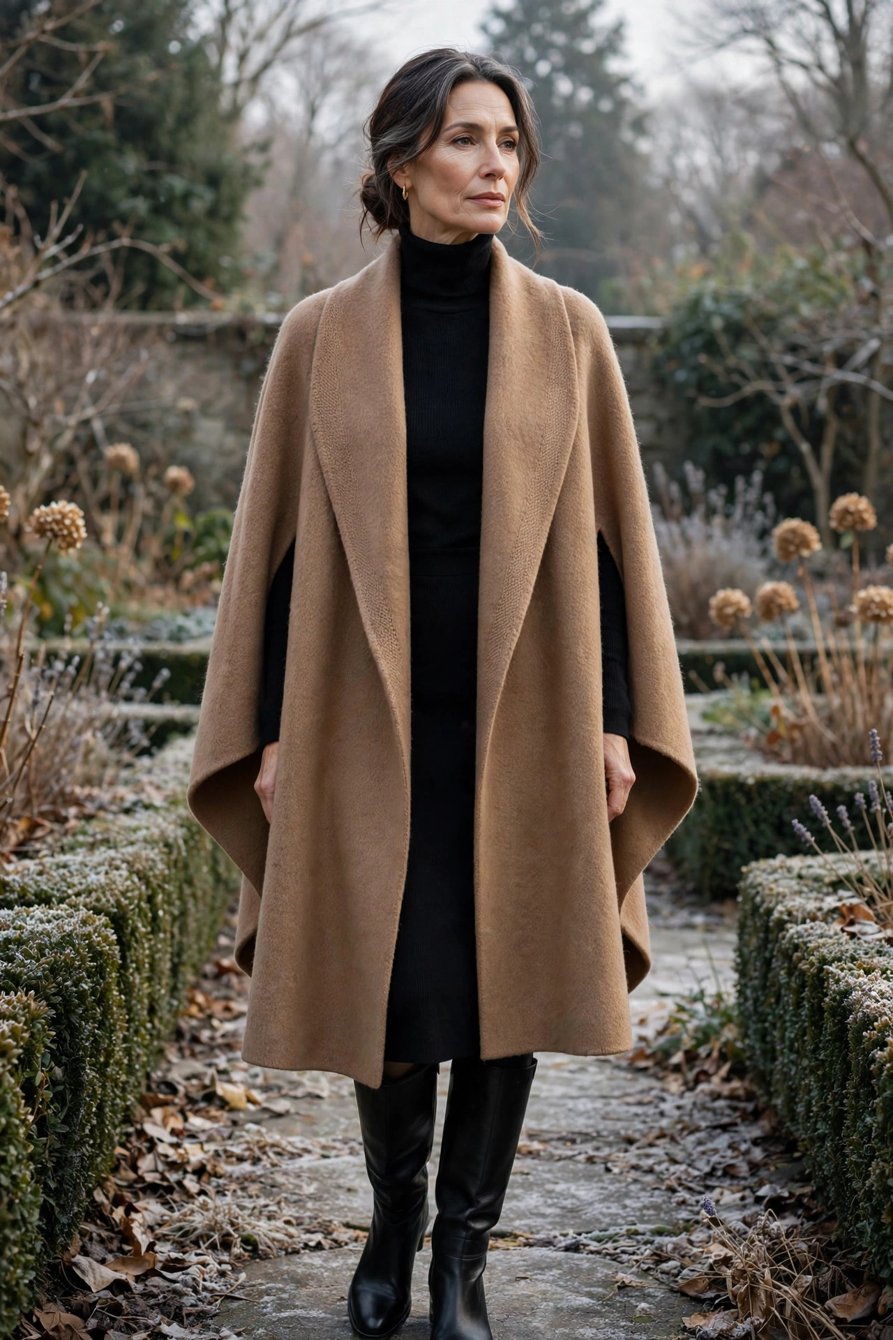 Woman over 50 in a camel wool cape over a black turtleneck dress in a winter garden