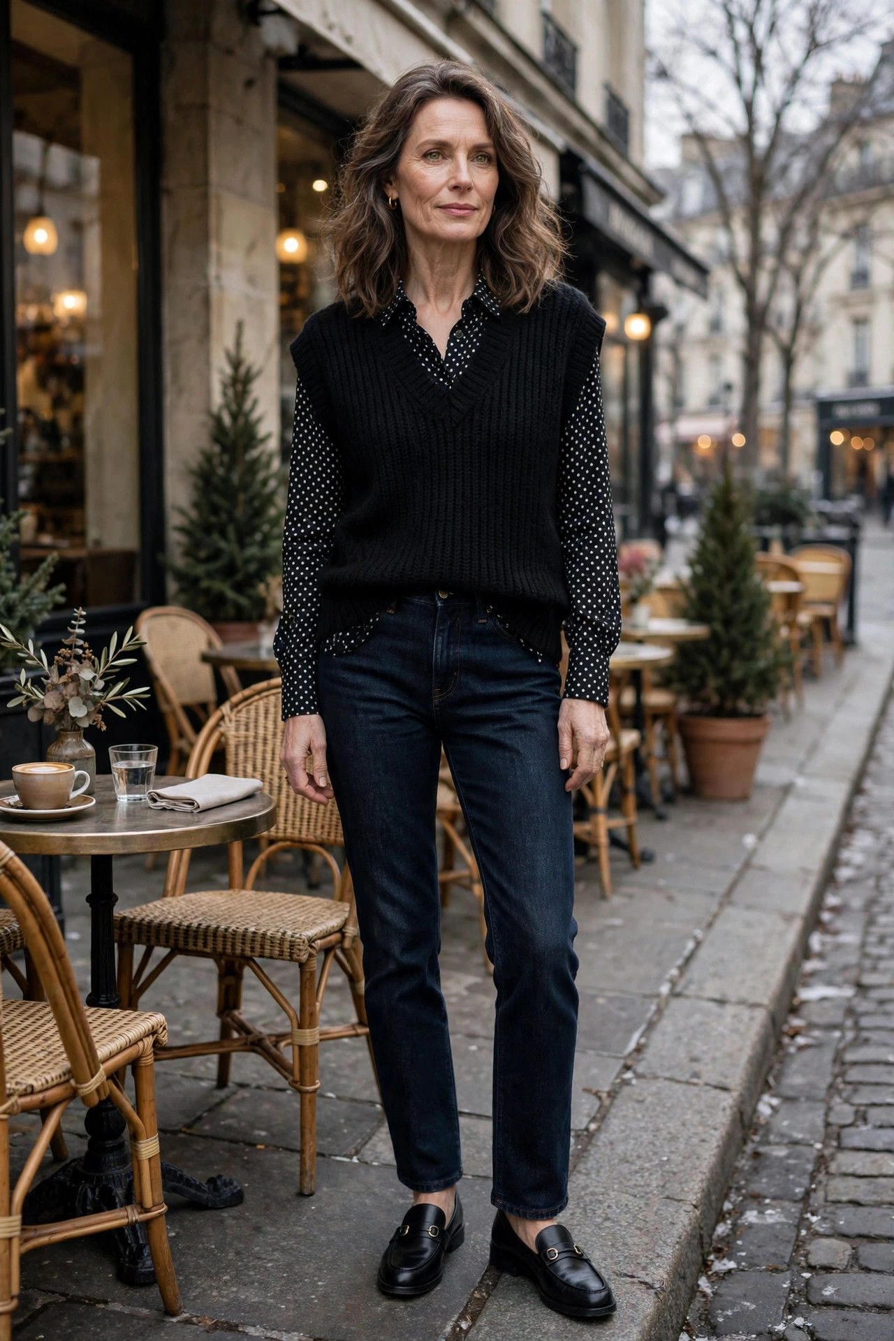 Woman over 50 in a polka-dot blouse and black sweater vest at a cafe