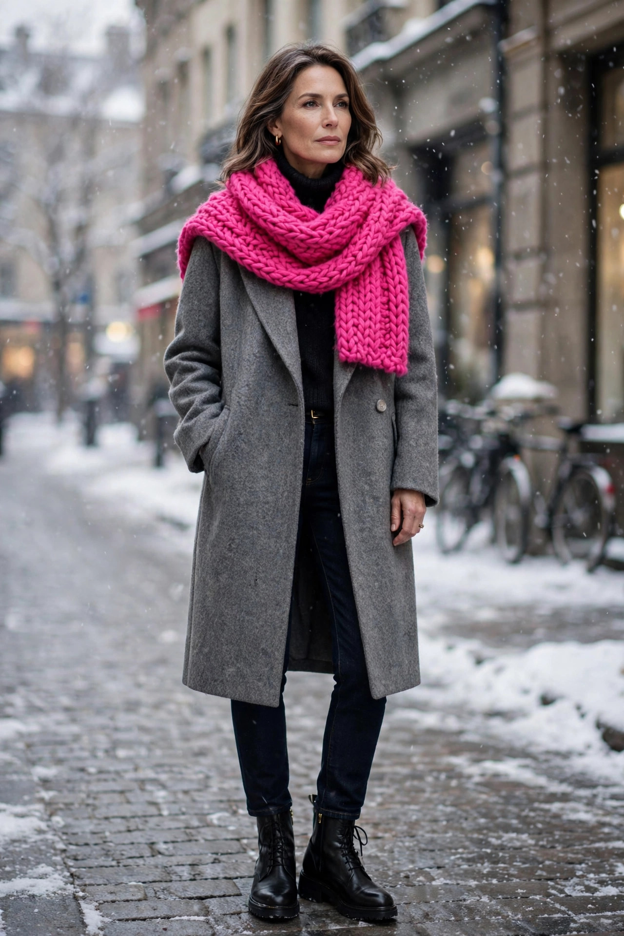 Woman over 50 wearing a hot pink scarf over a gray wool coat on a snowy street